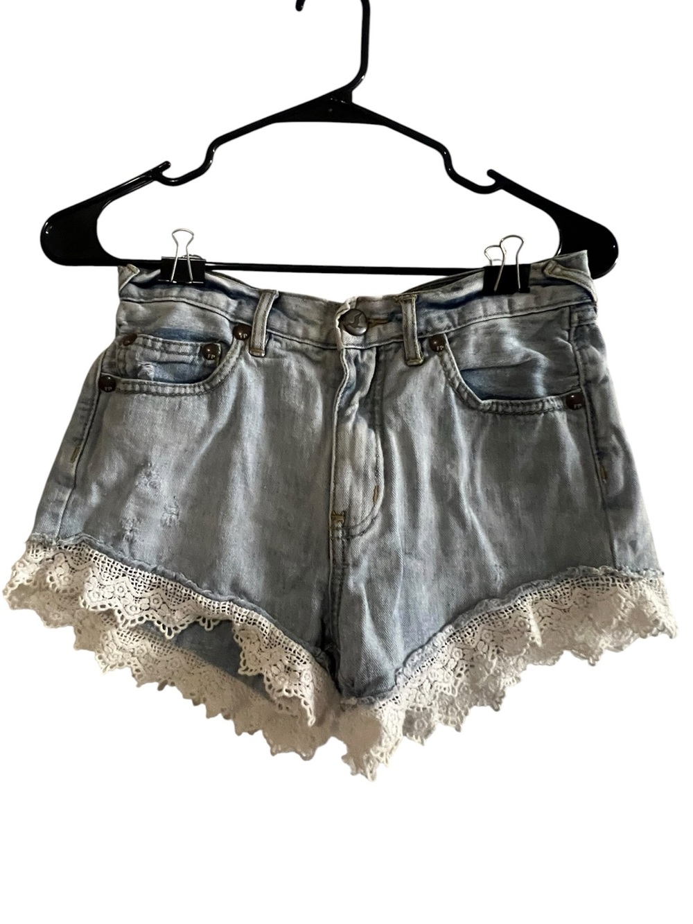 Free People Light Blue Denim Shorts with Cream Lace Trim W25